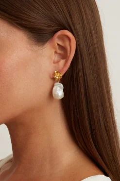 Chan Luu Gold Hibiscus Pearl Drop Earrings