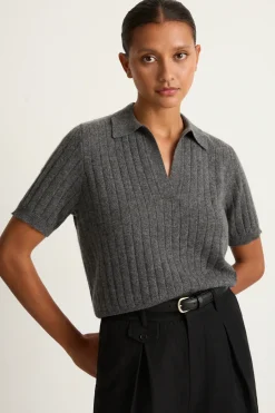 Demylee Skylar Polo Cashmere Top - Dark Heather Grey