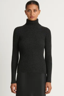 Enza Costa Cashmere Rib Turtleneck Sweater - Charcoal