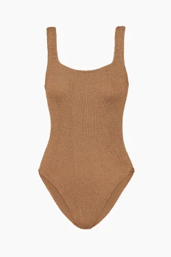 HUNZA G Square neck one-piece in metallic cocoa