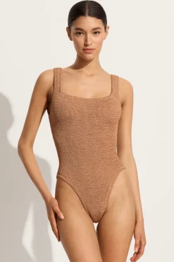 HUNZA G Square neck one-piece in metallic cocoa