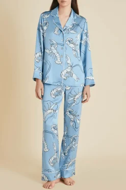 Olivia Von Halle Lila Silk Pajamas - Poseidon Blue Lobster - FINAL SAL