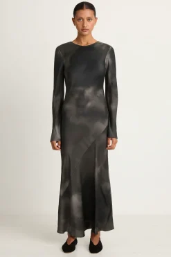 Silk Laundry Full Sleeve Bias Dress - Smoke