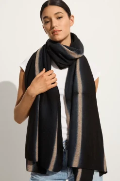 Suzusan Cashmere knit scarf shawl Boujime Shibori line in black / light coffee